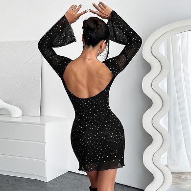 Women's Sequin Mesh Backless Flared Bell Sleeves Bodycon Sparkly Party Mini Dress
