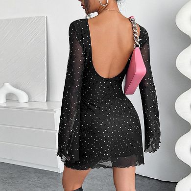 Women's Sequin Mesh Backless Flared Bell Sleeves Bodycon Sparkly Party Mini Dress