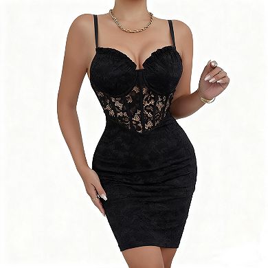 Women's Deep V Neck Lace Corset Detail Clubwear Bodycon Mini Dress