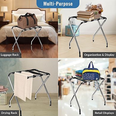 Foldable Luggage Rack Single Tier Chrome, Pack of 1, Heavy Duty Metal Suitcase Stand with Straps