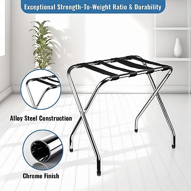 Foldable Luggage Rack Single Tier Chrome, Pack of 1, Heavy Duty Metal Suitcase Stand with Straps
