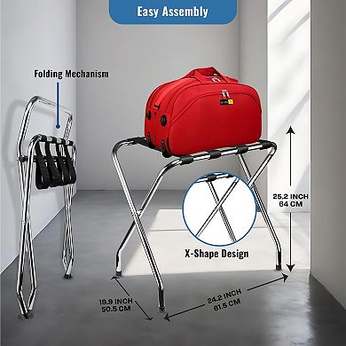 Foldable Luggage Rack Single Tier Chrome, Pack of 1, Heavy Duty Metal Suitcase Stand with Straps