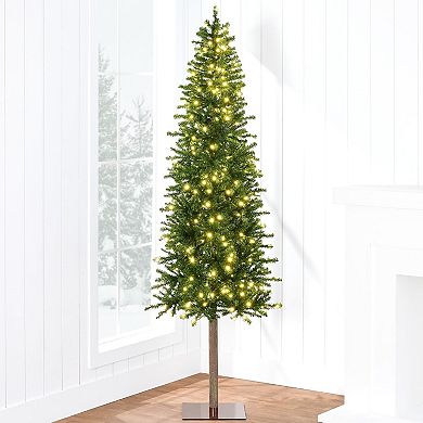 Slim Pencil Christmas Tree, Pre-Lit Warm White LEDs, Metal Stand