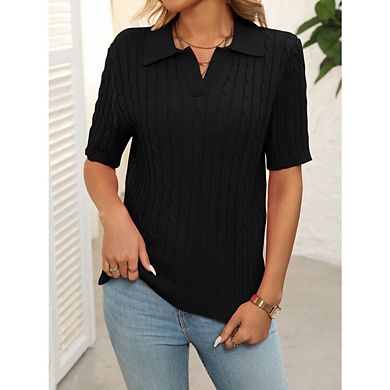 Women's Cable Short Sleeve Sweaters Tops Solid Lapel V Neck Knit Casual Soft Pullover Shirt