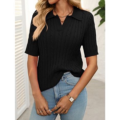 Women's Cable Short Sleeve Sweaters Tops Solid Lapel V Neck Knit Casual Soft Pullover Shirt