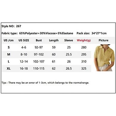 Women's Cable Short Sleeve Sweaters Tops Solid Lapel V Neck Knit Casual Soft Pullover Shirt