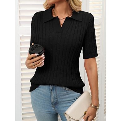 Women's Cable Short Sleeve Sweaters Tops Solid Lapel V Neck Knit Casual Soft Pullover Shirt