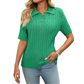 Women's Cable Short Sleeve Sweaters Tops Solid Lapel V Neck Knit Casual Soft Pullover Shirt