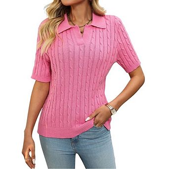 Women's Cable Short Sleeve Sweaters Tops Solid Lapel V Neck Knit Casual Soft Pullover Shirt
