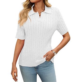 Women's Cable Short Sleeve Sweaters Tops Solid Lapel V Neck Knit Casual Soft Pullover Shirt