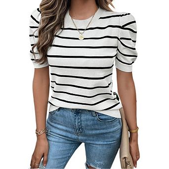 Women's Short Puff Sleeve Knit Tops Crewneck Striped T Shirts Casual Summer Blouses