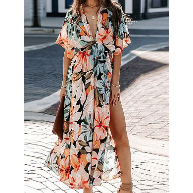 Womens Boho V Neck Flutter Sleeve High Waist Midi Dress Summer Wedding Guest Beach Party Long Dress