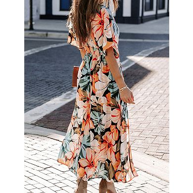 Womens Boho V Neck Flutter Sleeve High Waist Midi Dress Summer Wedding Guest Beach Party Long Dress