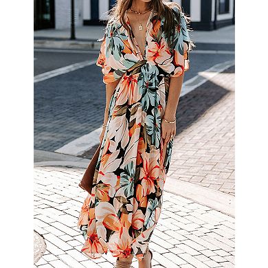 Womens Boho V Neck Flutter Sleeve High Waist Midi Dress Summer Wedding Guest Beach Party Long Dress