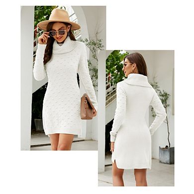 Womens Turtleneck Pullover Sweaters Knit Bodycon Sweater Dress Fall Long Sleeve Dot Short Mini Dress