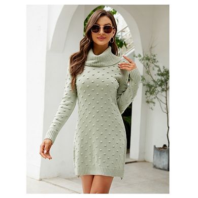 Womens Turtleneck Pullover Sweaters Knit Bodycon Sweater Dress Fall Long Sleeve Dot Short Mini Dress