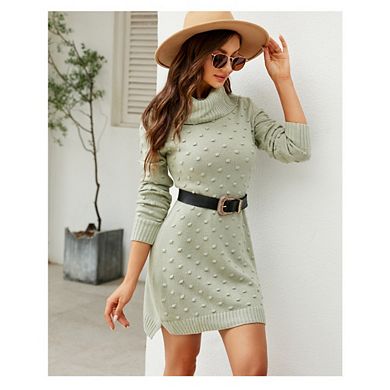 Womens Turtleneck Pullover Sweaters Knit Bodycon Sweater Dress Fall Long Sleeve Dot Short Mini Dress