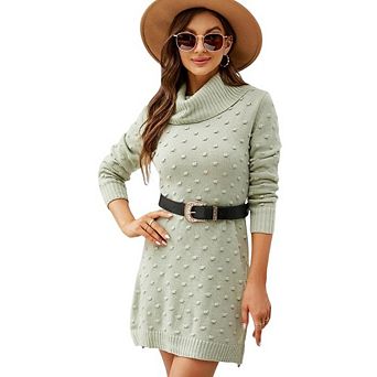 Womens Turtleneck Pullover Sweaters Knit Bodycon Sweater Dress Fall Long Sleeve Dot Short Mini Dress