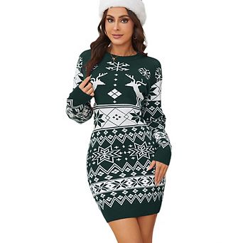 Womens Ugly Christmas Sweater Dress Long Sleeve Crewneck Snowflake Printed Slim Casual Holiday Dress