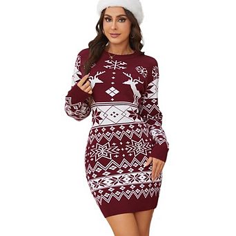 Womens Ugly Christmas Sweater Dress Long Sleeve Crewneck Snowflake Printed Slim Casual Holiday Dress
