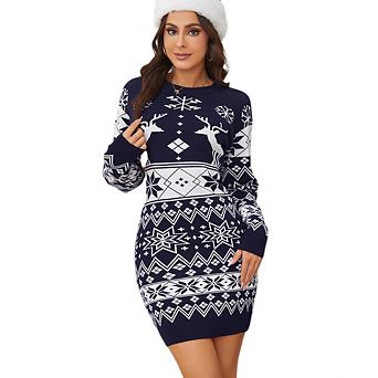 Womens Ugly Christmas Sweater Dress Long Sleeve Crewneck Snowflake Printed Slim Casual Holiday Dress
