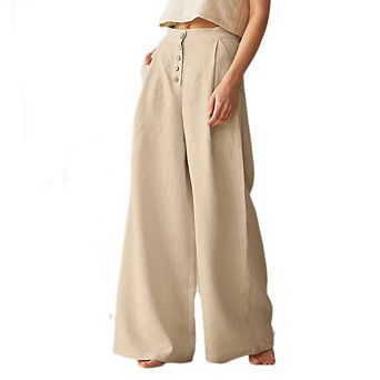 Womens High Waisted Cotton Linen Palazzo Wide Leg Casual Pants Pleated Business Pants with Pockets