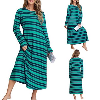 Womens Long Sleeve Striped Colorblock Crewneck TShirt Dresses Casual Fall Fashion Travel Outfits