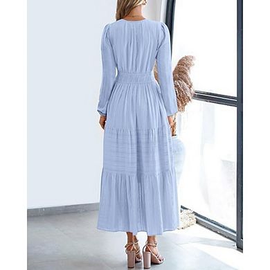 Fall Dresses for Women Casual Long Sleeve V Neck Elastic Waist Lightweight Maxi Wedding Guest Dress