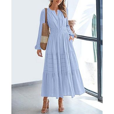 Fall Dresses for Women Casual Long Sleeve V Neck Elastic Waist Lightweight Maxi Wedding Guest Dress