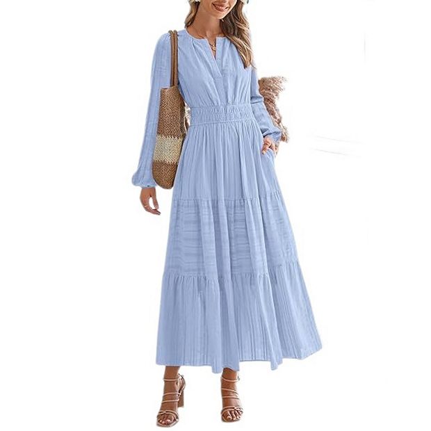 sachin and babi light blue dress Fall Dresses for Women Casual Long Sleeve V Neck Elastic Waist Lightweight  Maxi Wedding Guest Dress