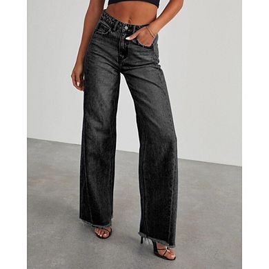 Women's Wide Leg Jeans High Waisted Strechy Raw Hem Denim Pants with Pockets