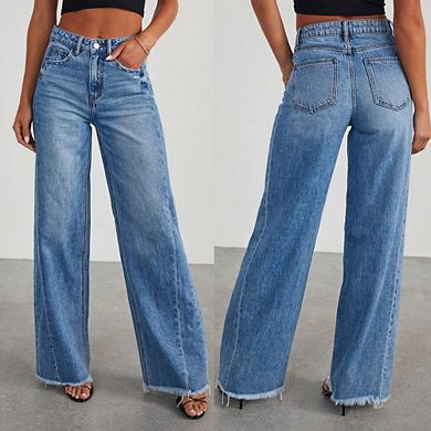 Women's Wide Leg Jeans High Waisted Strechy Raw Hem Denim Pants with Pockets