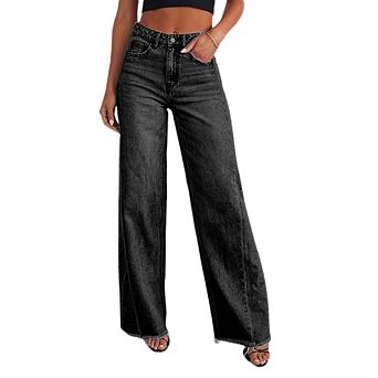Women's Wide Leg Jeans High Waisted Strechy Raw Hem Denim Pants with Pockets