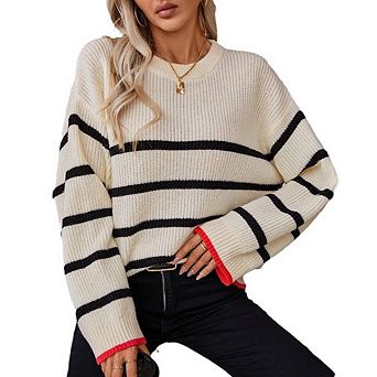 Womens Striped Long Sleeve Crew Neck Ribbed Knit Oversized Fall Winter Pullover Sweater Jumper Top