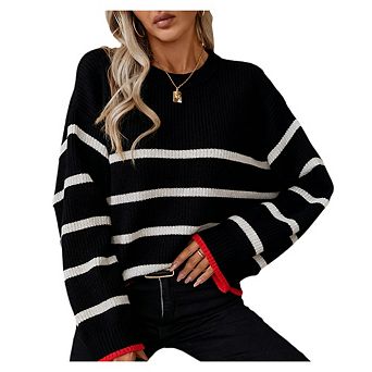 Womens Striped Long Sleeve Crew Neck Ribbed Knit Oversized Fall Winter Pullover Sweater Jumper Top