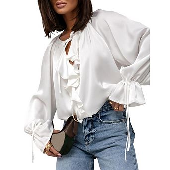 Women Vintage Ruffle V Neck Blouse Long Bell Sleeve Dressy Causal Office Work Shirts Tunic Blouse