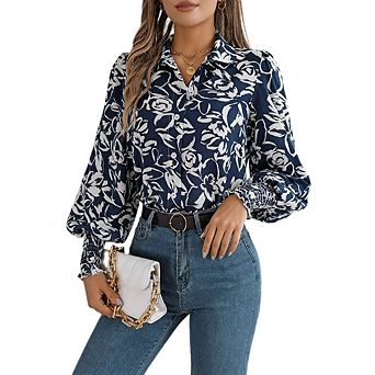 Womens Floral Lantern Long Sleeve Lapel Shirt Elegant Color Collision Loose Dressy Casual Top