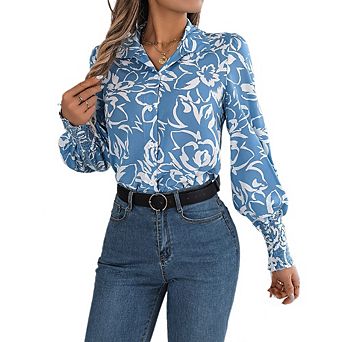 Womens Floral Lantern Long Sleeve Lapel Shirt Elegant Color Collision Loose Dressy Casual Top