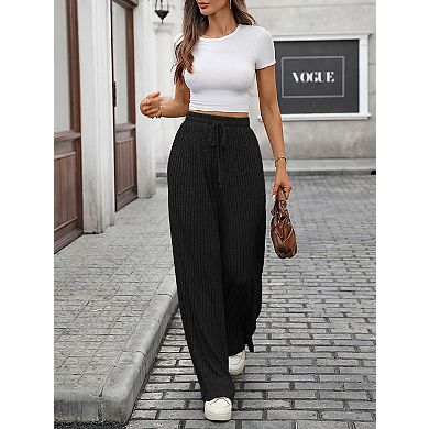 Womens Ribbed Wide Leg Lounge Pants with Pockets Casual Loose Soft Knit Pajama Pants with Drawstring