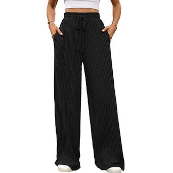 Womens Ribbed Wide Leg Lounge Pants with Pockets Casual Loose Soft Knit Pajama Pants with Drawstring