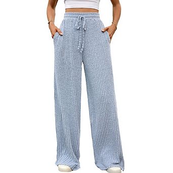 Womens Ribbed Wide Leg Lounge Pants with Pockets Casual Loose Soft Knit Pajama Pants with Drawstring