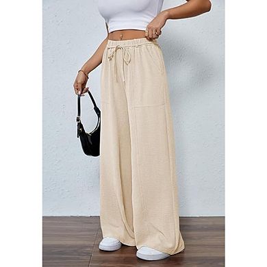 Women's Wide Leg Lounge Pant Lightweight High Waisted Adjustable Tie Loose Fit Trousers with Pocket