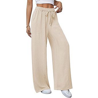 Women's Wide Leg Lounge Pant Lightweight High Waisted Adjustable Tie Loose Fit Trousers with Pocket