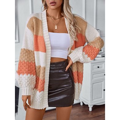 Womens Striped Chunky Cardigan Sweaters Button Up Fall Color Block Long Sleeve Knit Sweater Coats