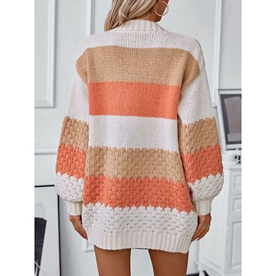 Womens Striped Chunky Cardigan Sweaters Button Up Fall Color Block Long Sleeve Knit Sweater Coats