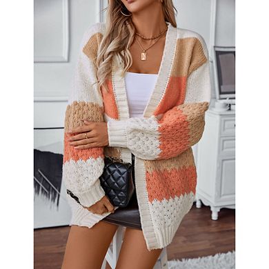 Womens Striped Chunky Cardigan Sweaters Button Up Fall Color Block Long Sleeve Knit Sweater Coats