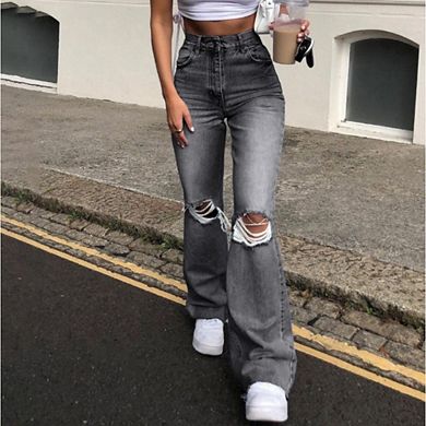 Womens High Waist Ripped Bell Bottom Jeans Causal Zipped Bootcut Stretchy Cut Out Denim Flare Jeans