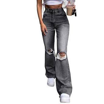 Womens High Waist Ripped Bell Bottom Jeans Causal Zipped Bootcut Stretchy Cut Out Denim Flare Jeans
