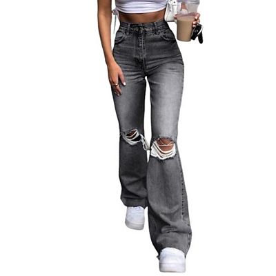 Womens High Waist Ripped Bell Bottom Jeans Causal Zipped Bootcut Stretchy  Cut Out Denim Flare Jeans