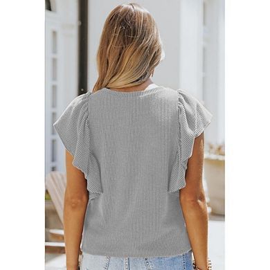 Women's Short Sleeve Crewneck T Shirt Casual Ribbed Knit Ruffle Blouses Summer Tops